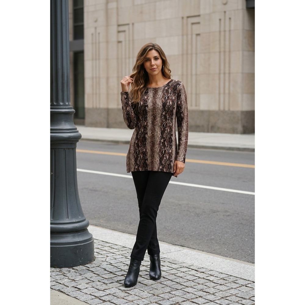 Boston Proper Snakeskin Print Tunic Sweater Brown Tan Knit Top Size M Neutral